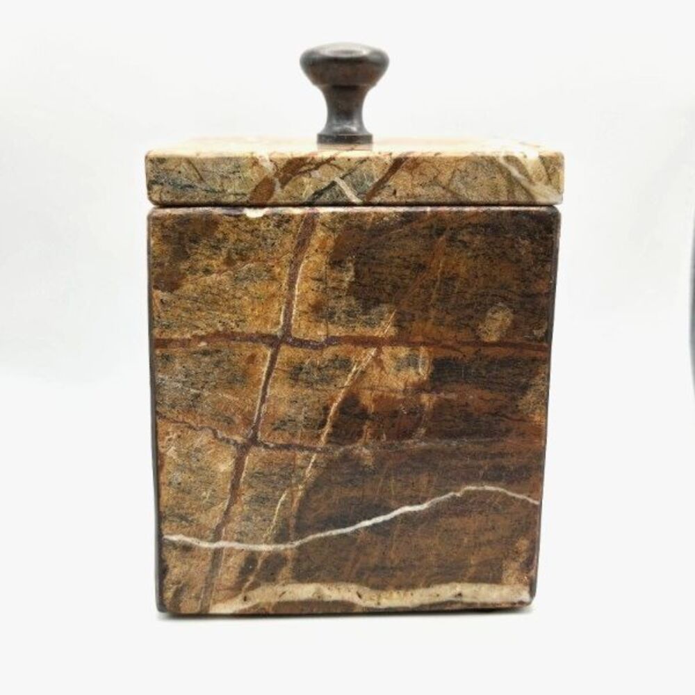 Genuine Marble Natural Stone Earthy Brown Trinket Box Bathroom Accessory 4" tall